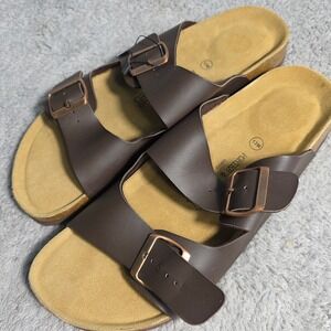PORTER & ASH Mens Brown Leather Double Buckle Cork Footbed Slide Sandals 12M NWT